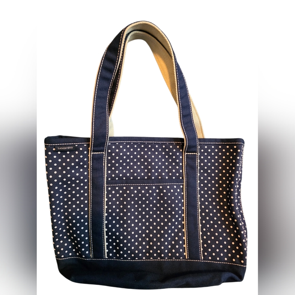 Lands' End Navy and White Dot Tote